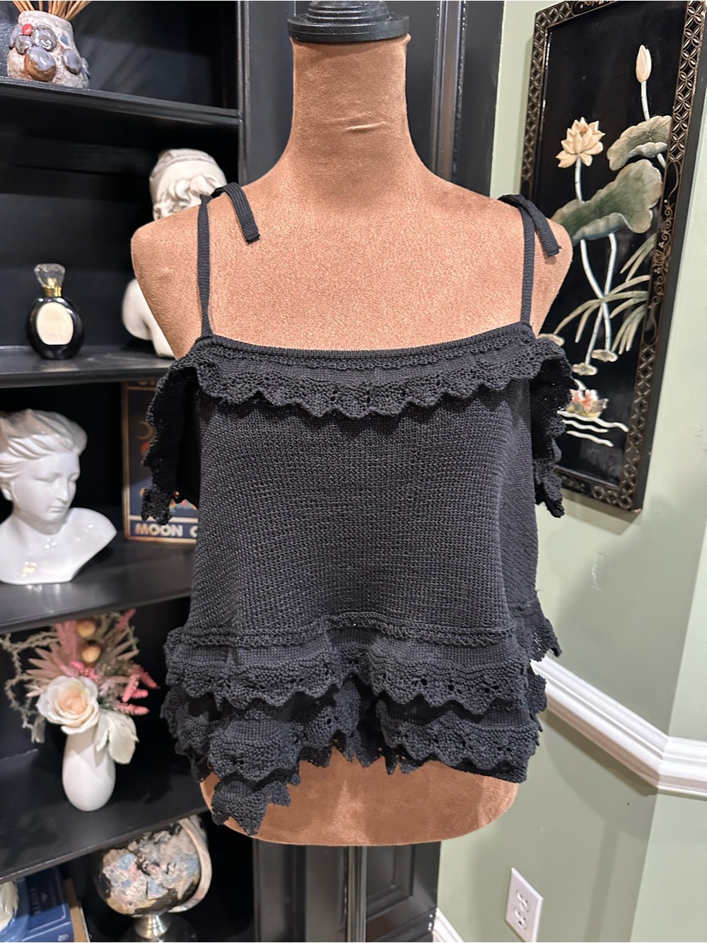 Scoop Black Ruffle Sweater Tank Top Tie Shoulder Knit Size Large